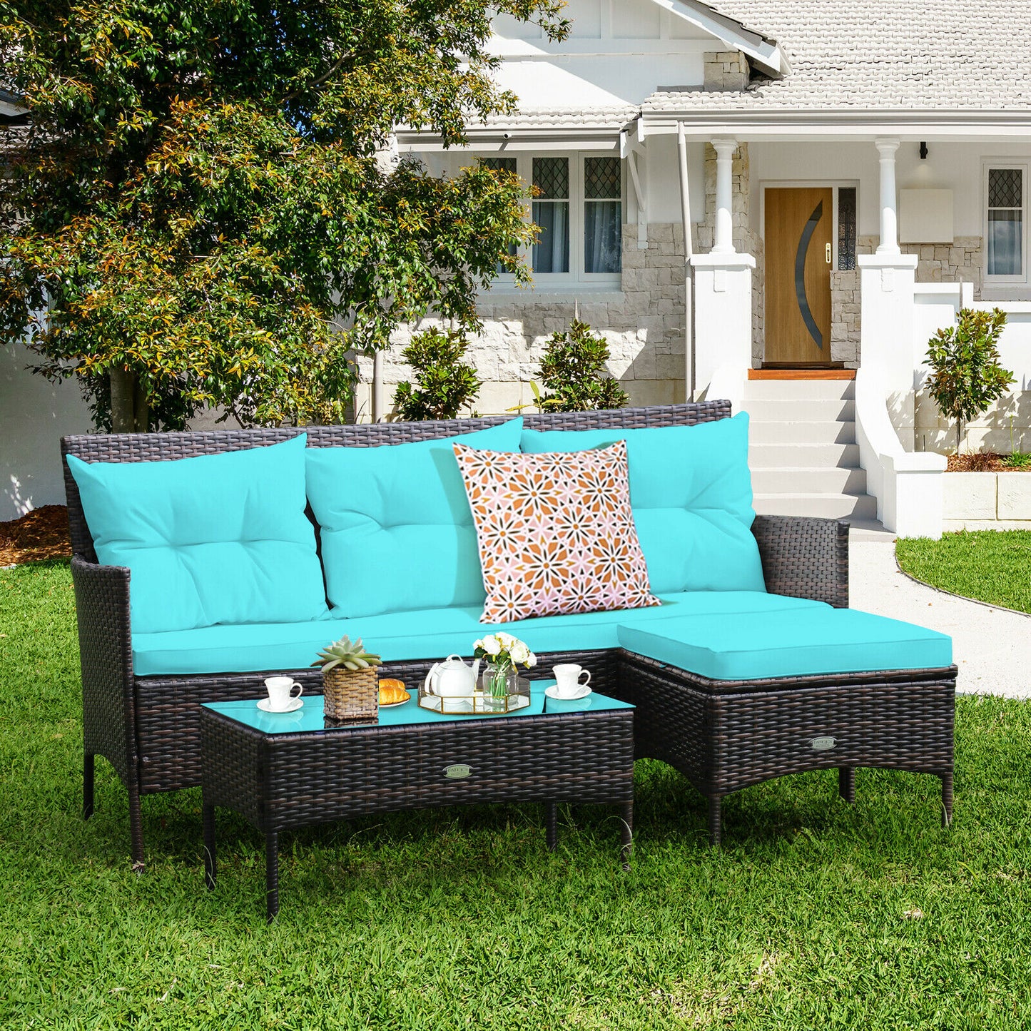 Patiojoy 3PCS Patio Rattan Furniture Set 3-Seat Sofa