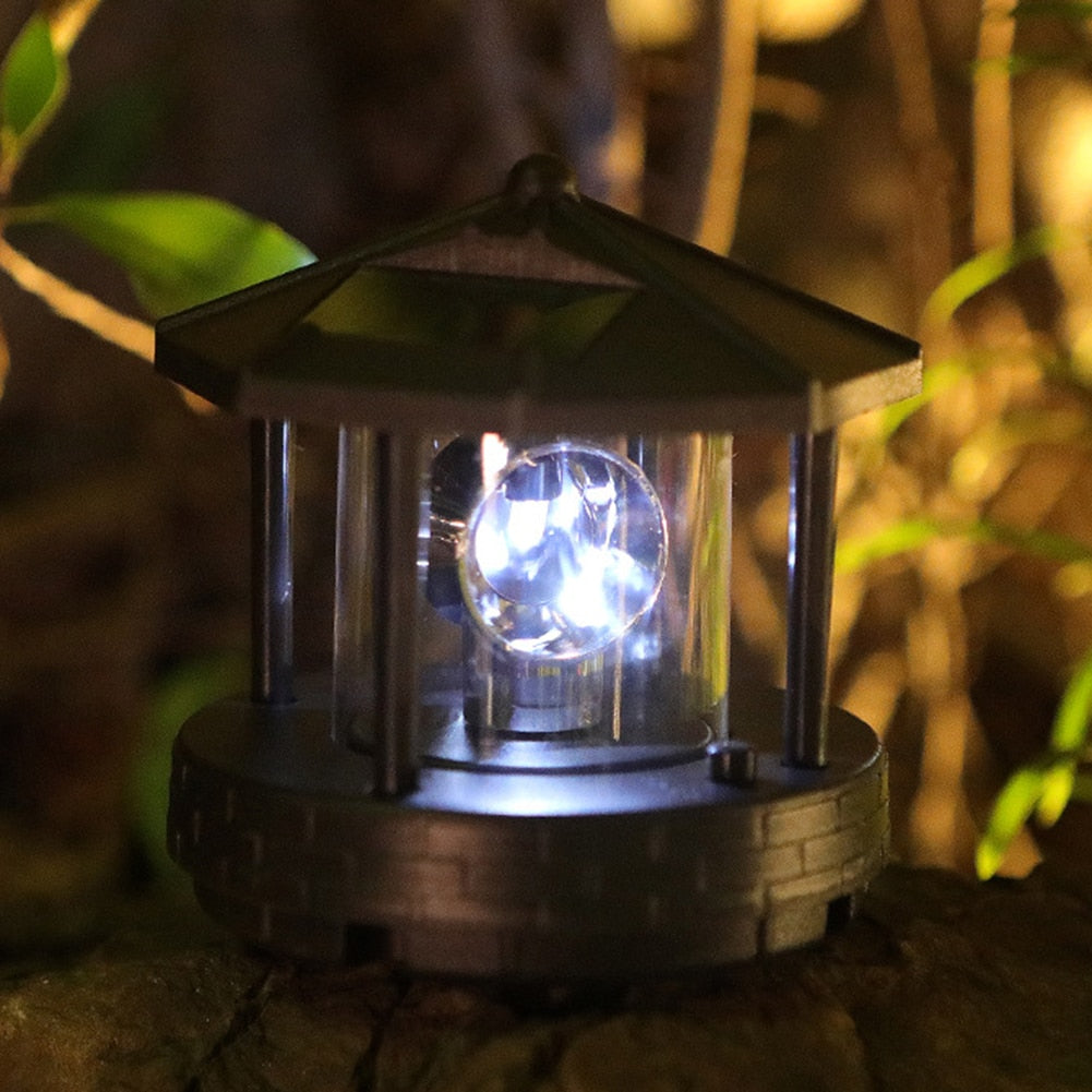 Solar Lights Lighthouse Shape Light Plastic LED Rotating   Beacon Beam Lamp