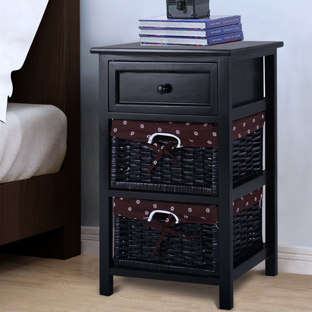 Costway Black Night Stand 3 Tiers 1 Drawer Bedside End Table