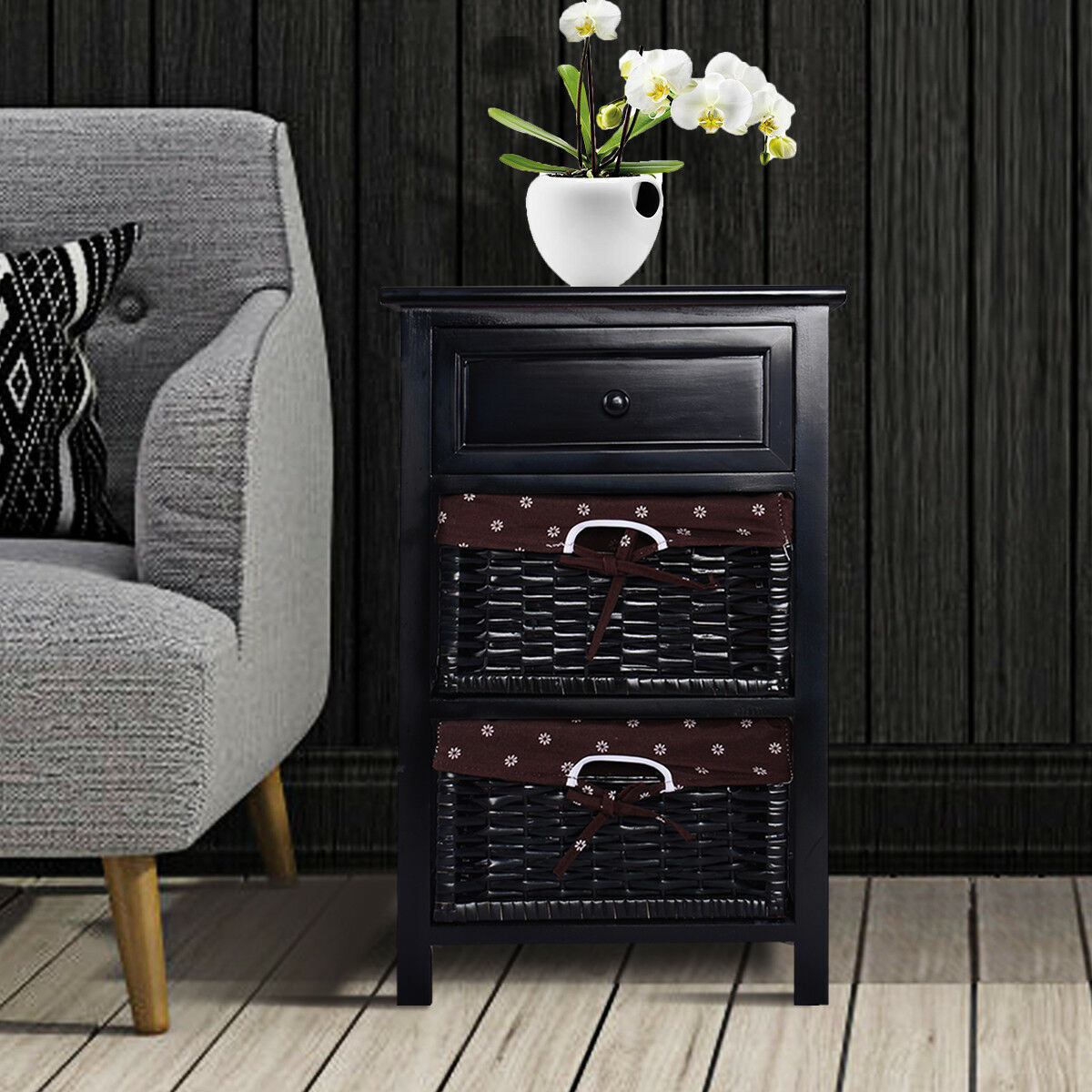 Costway Black Night Stand 3 Tiers 1 Drawer Bedside End Table