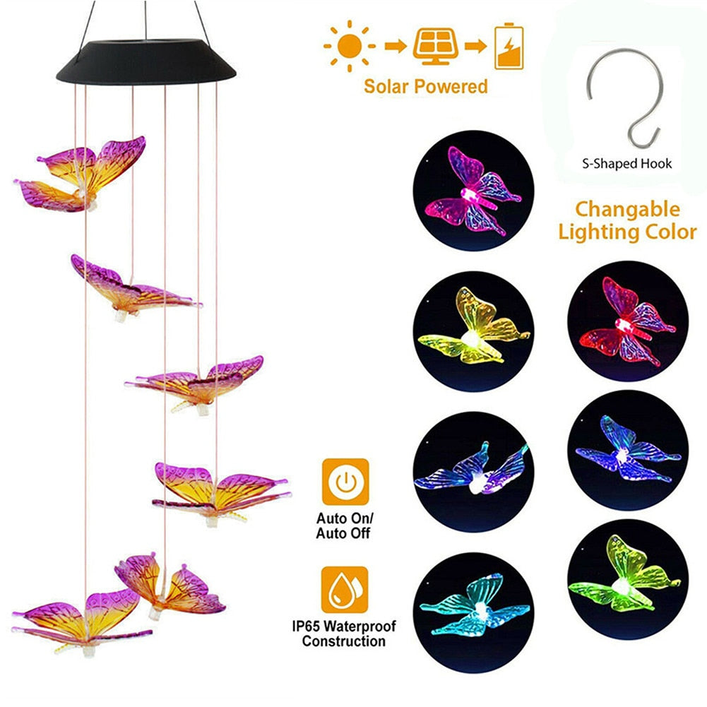 LED Solar Wind Chimes Color Changing Butterfly Hanging Light