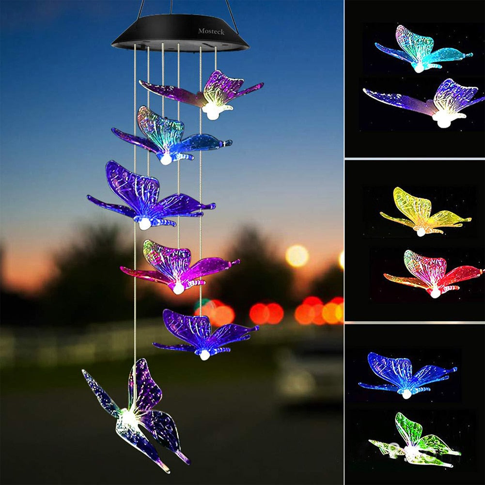 LED Solar Wind Chimes Color Changing Butterfly Hanging Light