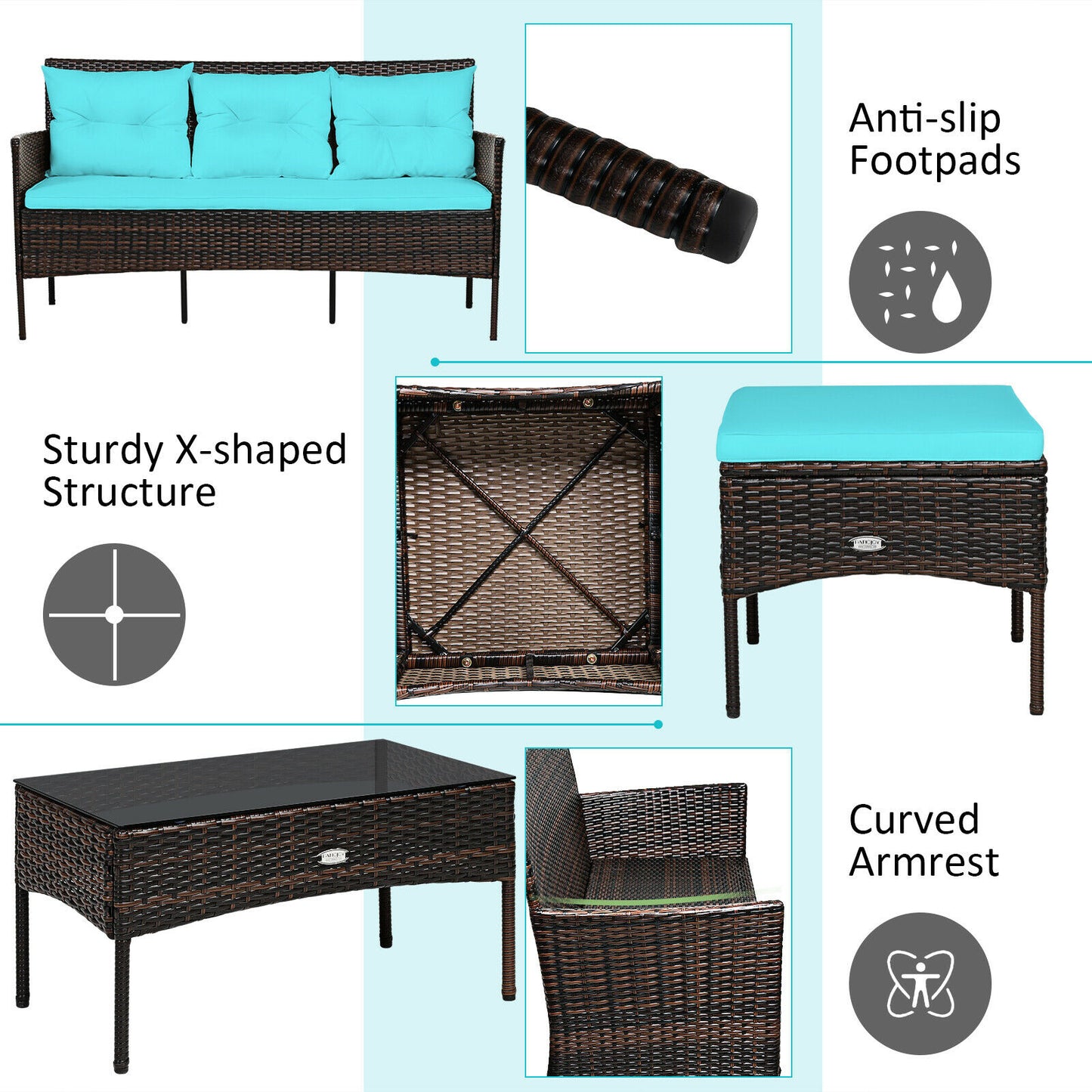 Patiojoy 3PCS Patio Rattan Furniture Set 3-Seat Sofa