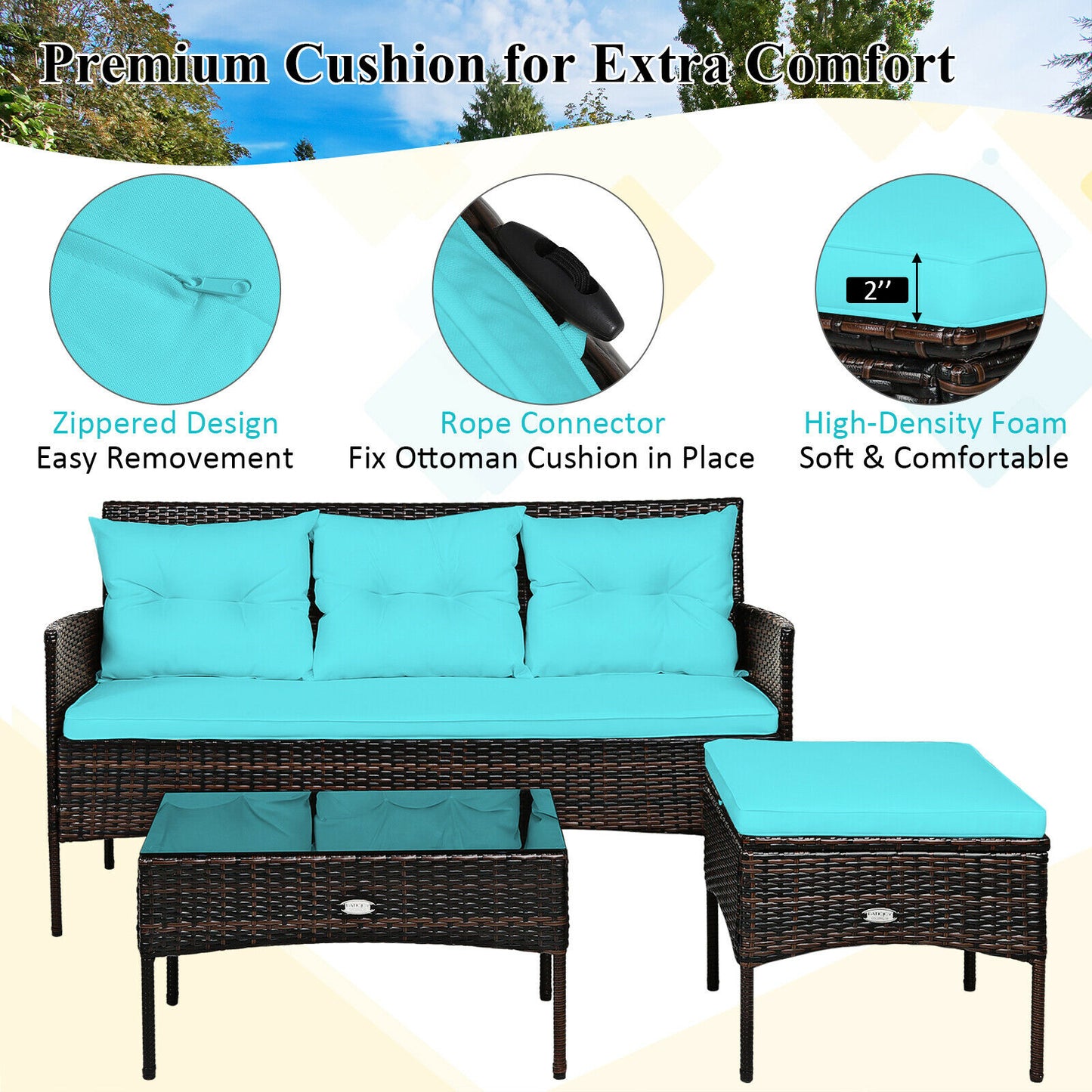 Patiojoy 3PCS Patio Rattan Furniture Set 3-Seat Sofa