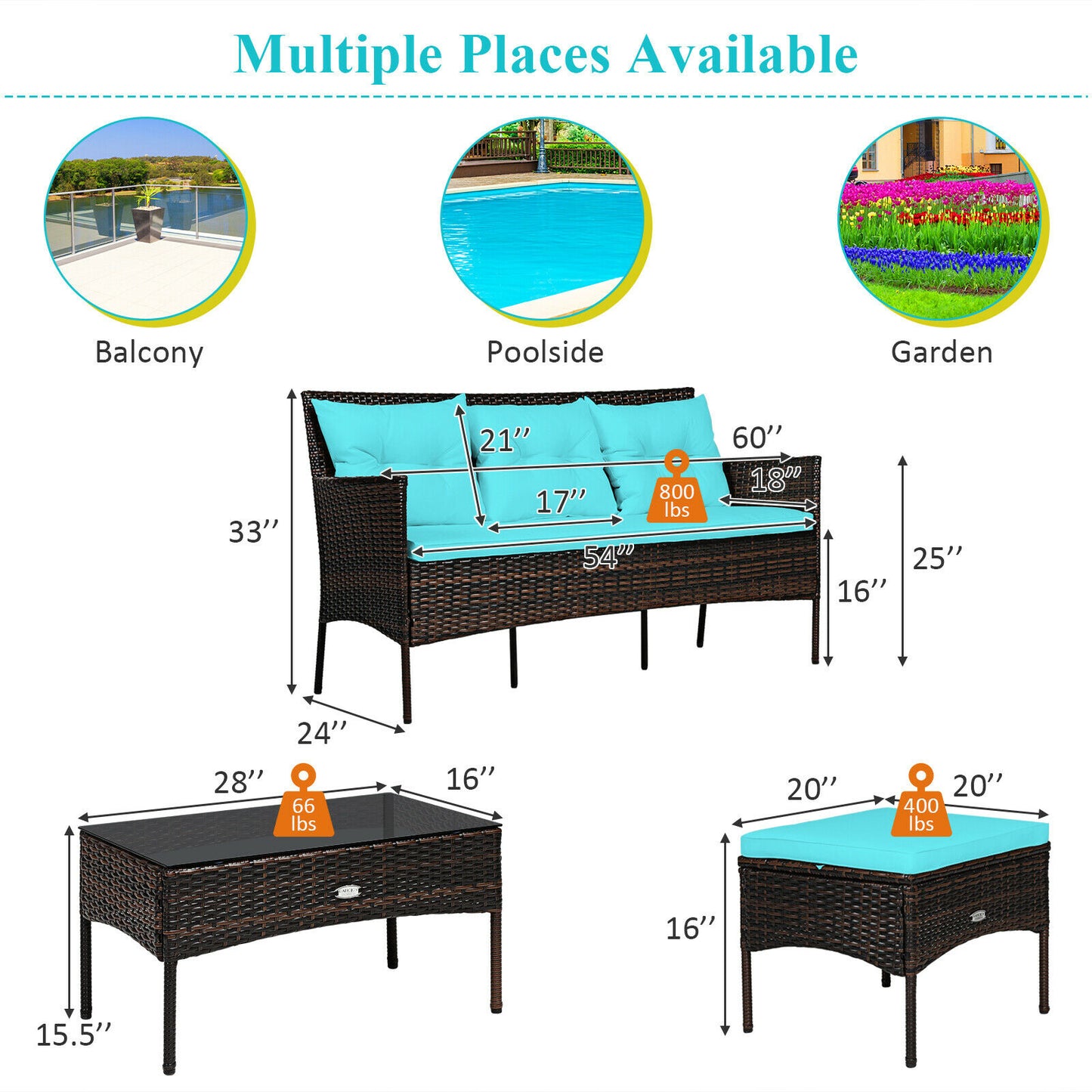 Patiojoy 3PCS Patio Rattan Furniture Set 3-Seat Sofa