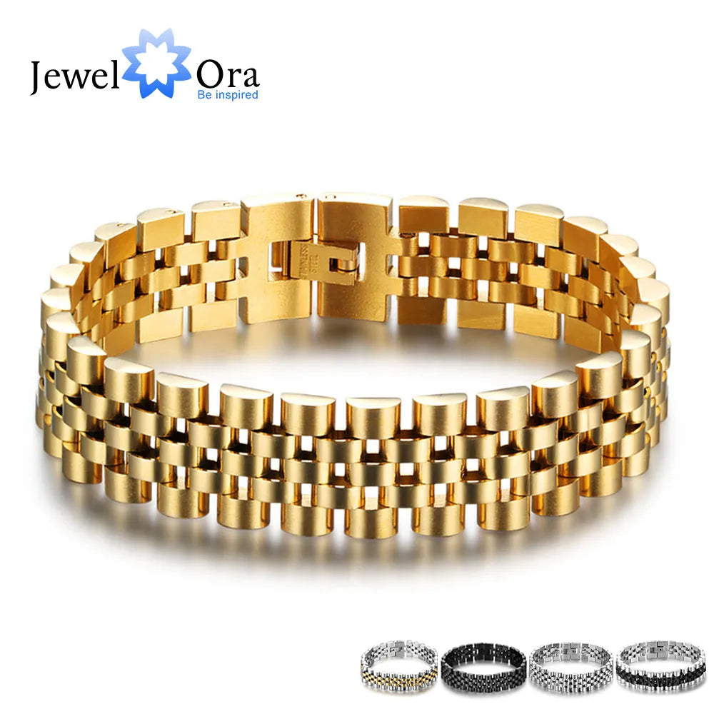 Luxury Gold Color Stainless Steel Bracelet 200mm Wristband Men Jewelry Bracelets Bangles Gift for Him (JewelOra BA101608)