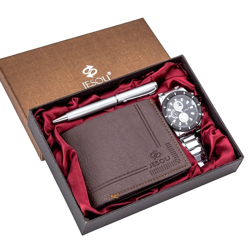 New 3Pcs/Set Luxury Mens Watches Set Gift Box Quartz Watch for Men Fashion Wristwatch Pen Wallet Set  Best Gifts Male