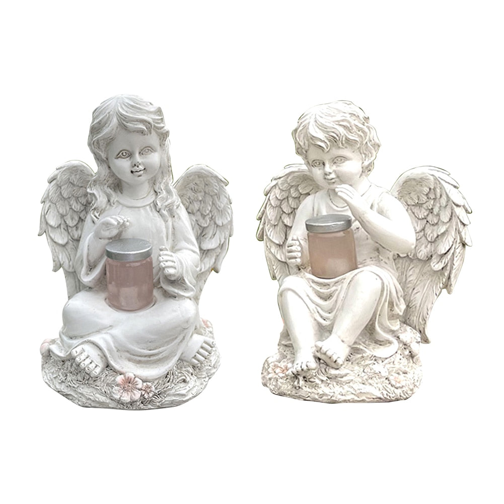 Resin Angel Wings Figurines Garden Ornament Solar Lamp 3D Angel Statue