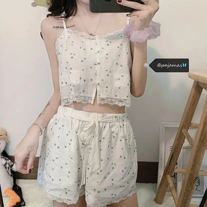 Lace Pajamas Sleepwear Women Floral Print Shorts Two-piece Set