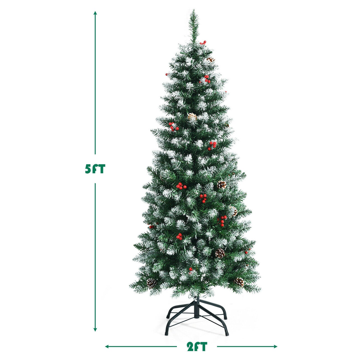 5ft Pre-lit Artificial Hinged Pencil Christmas Tree Decorated Snow Flocked Tips