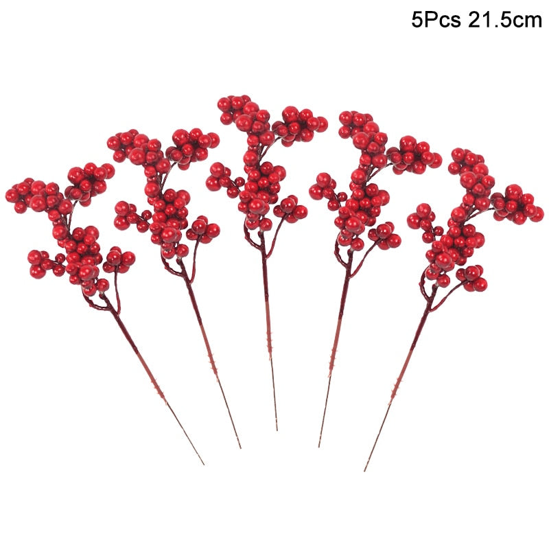 5Pcs Christmas Red Berry Articifial Flower Pine Cone Branch