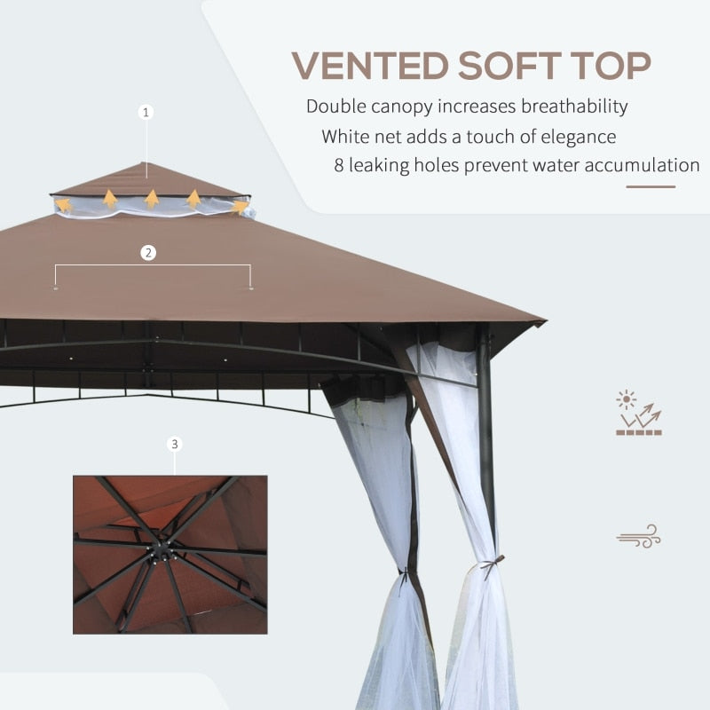 Garden Gazebo 10' x 10' Pavilion with Double Roof and Zippered Side Mosquito Nets