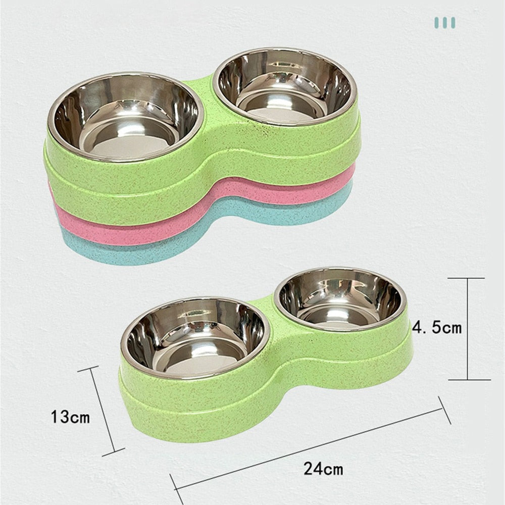 Double Pet Bowls Food Water Feeder With Stainless Steel Healthy Sanitary Small Size For Puppy Cat