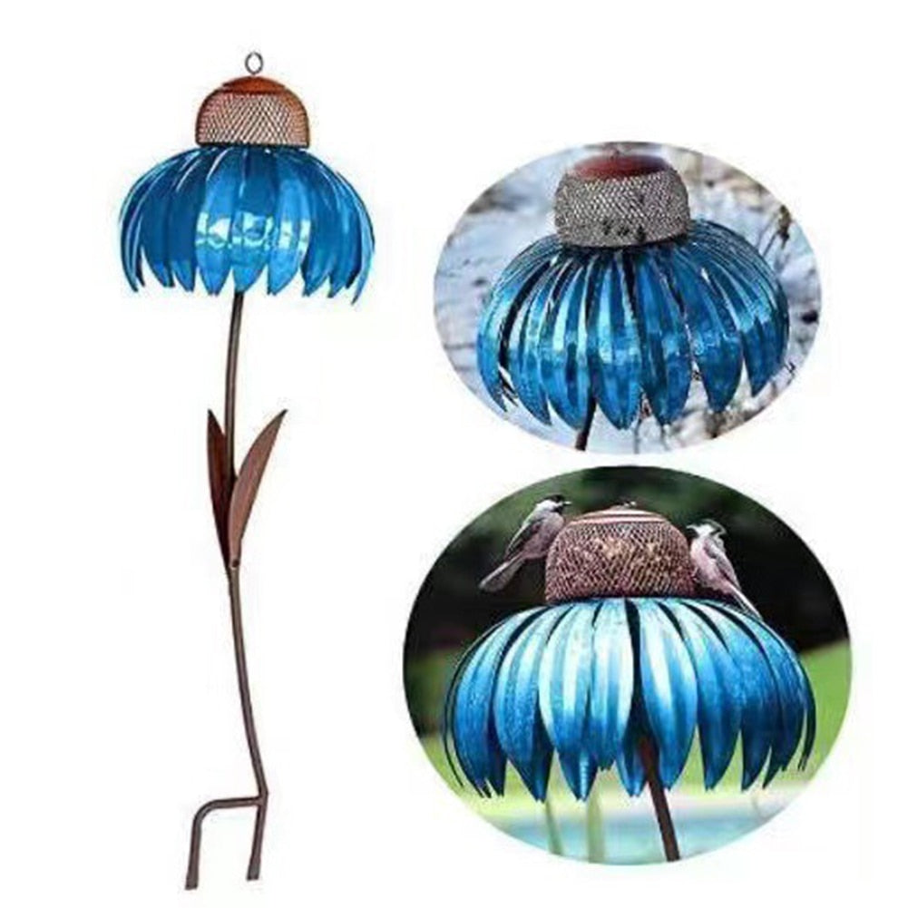 Bird Feeder Bottle with Stand Metal Flower Shaped Outdoor Garden Decoration