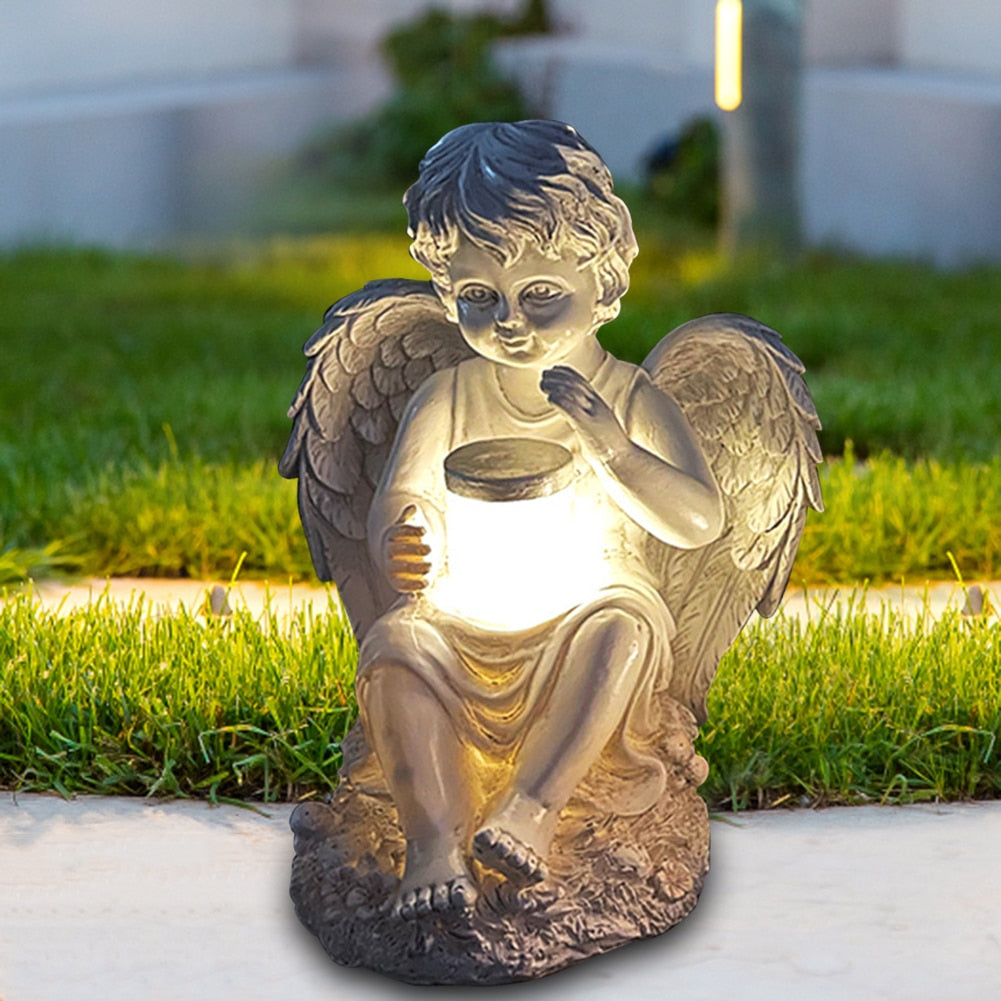 Resin Angel Wings Figurines Garden Ornament Solar Lamp 3D Angel Statue