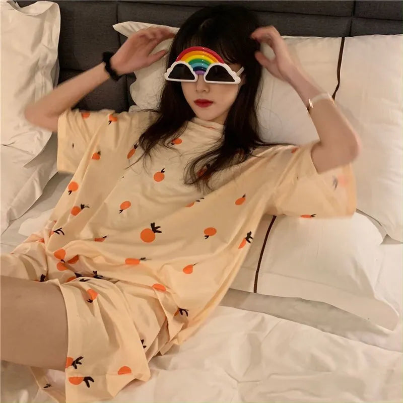 Orange Print Sleepwear Women Pajamas Shorts