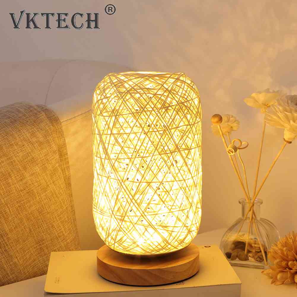 Nordic Wood Rattan Night Light Table Lamp Bedroom