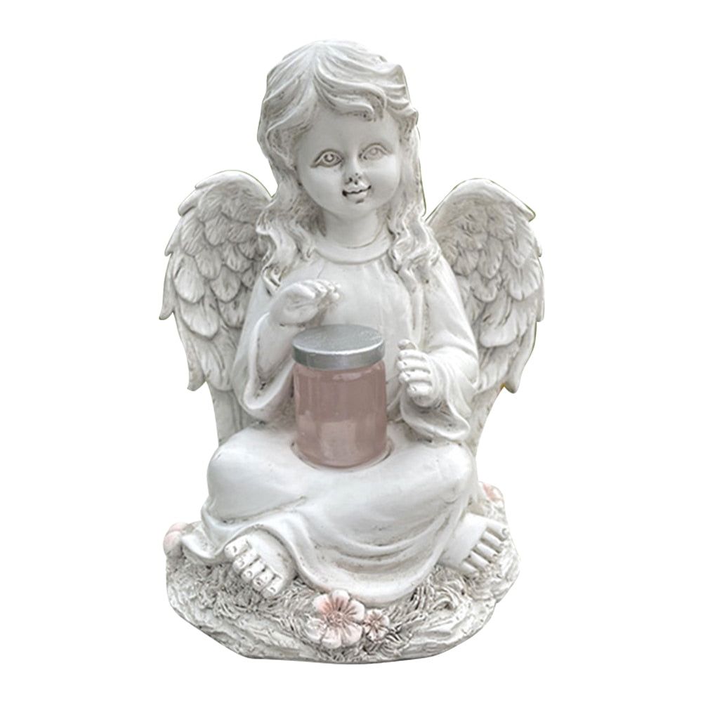 Resin Angel Wings Figurines Garden Ornament Solar Lamp 3D Angel Statue