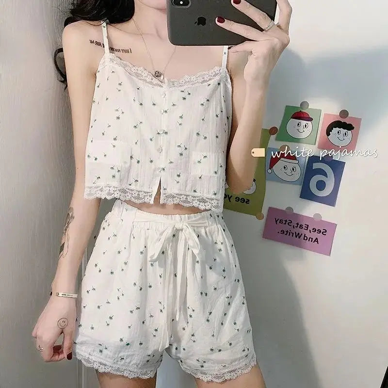 Lace Pajamas Sleepwear Women Floral Print Shorts Two-piece Set