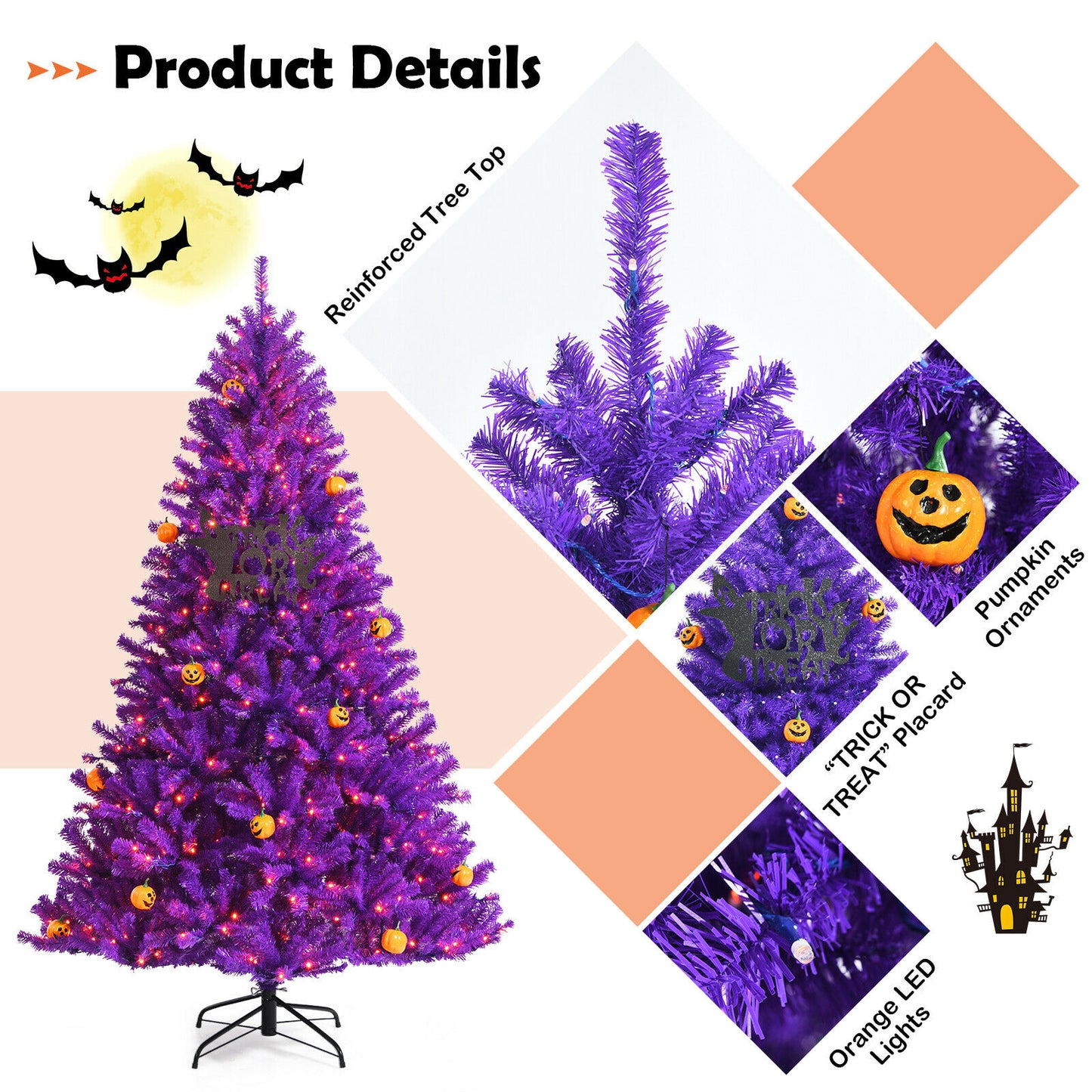 6ft Pre-lit Purple Halloween Christmas Tree w/ Orange Lights Pumpkin Decorations  CM23472US