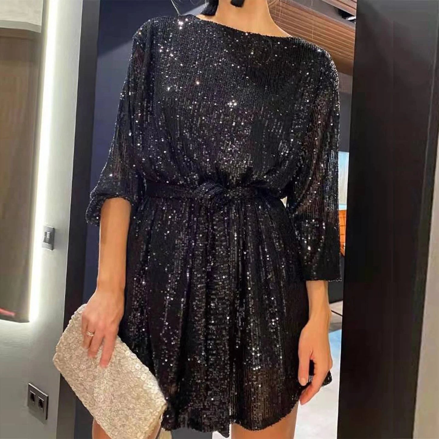 Women Sexy Glitter Dress Lace-up Sequins Ladies Short Dress Long Sleeve with Belt Sparkly Elegant Fashion Female Vestidos 2023