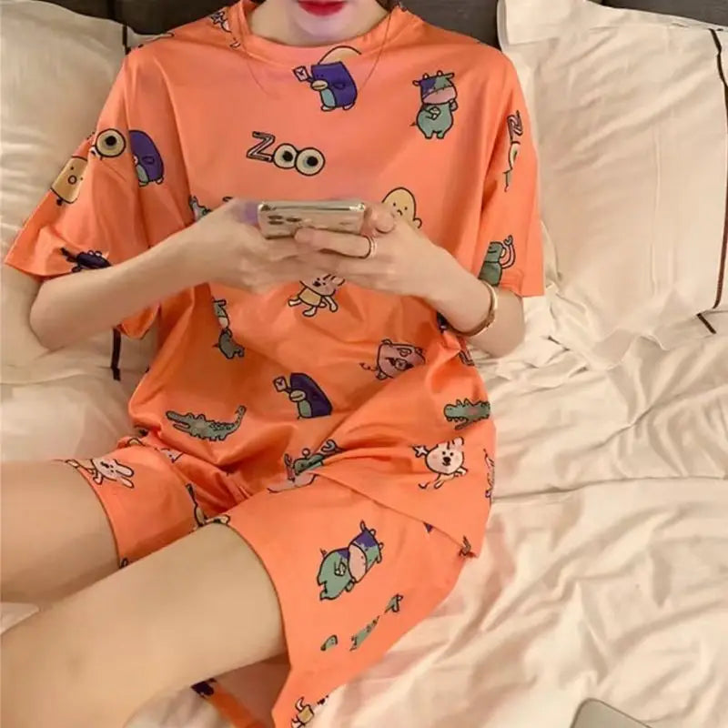 Orange Print Sleepwear Women Pajamas Shorts