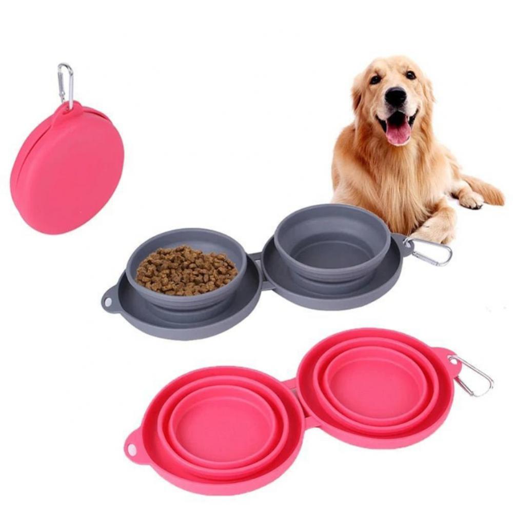 Rubber Foldable Double Bowl Pet Feeding Outdoor Travel Dog