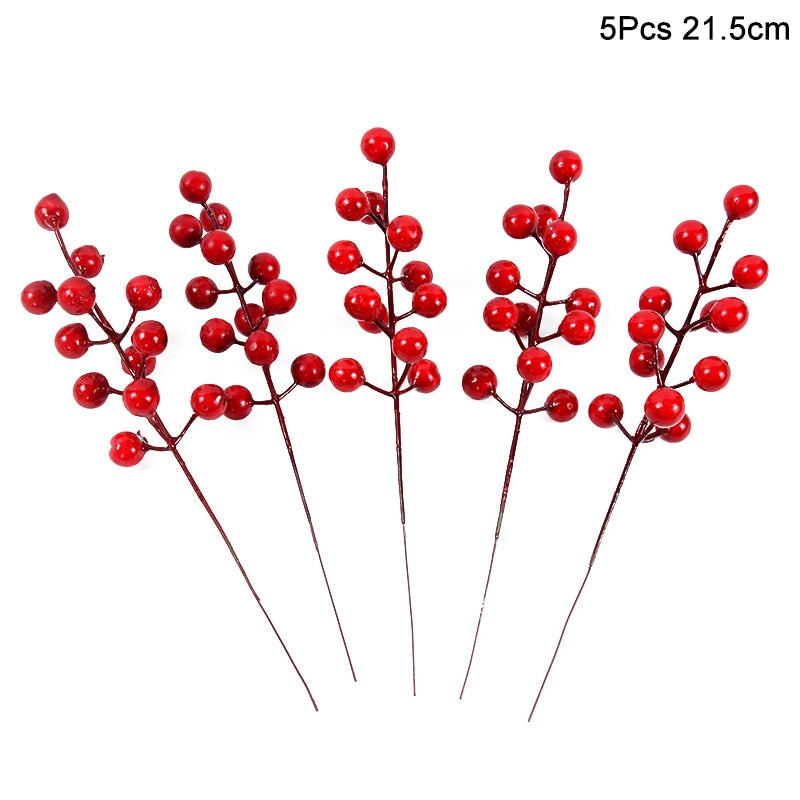 5Pcs Christmas Red Berry Articifial Flower Pine Cone Branch