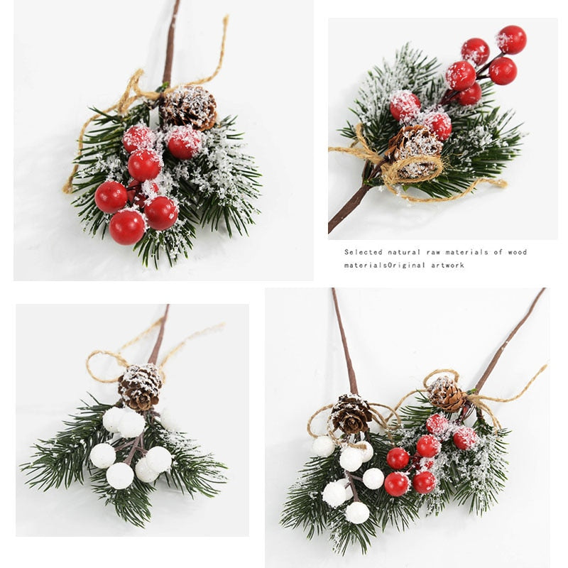 5Pcs Christmas Red Berry Articifial Flower Pine Cone Branch