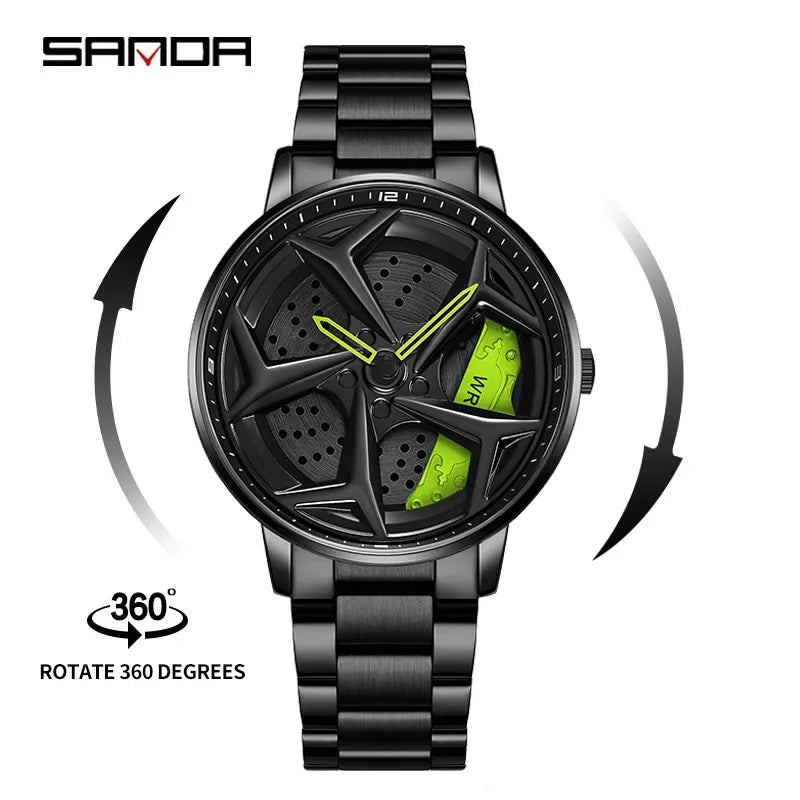 SANDA P1087 Top Brand Sport Car Wheel Rim Hub Watches For GTR Men Super Watch Stainless Steel Waterproof WristWatch Male Reloj