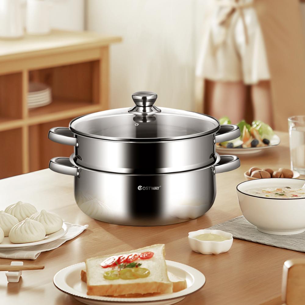 9.5 QT 2 Tier Stainless Steel Steamer Pot Cookware Boiler w/ Tempered Glass Lid KC52002 - northstarhomeandgarden