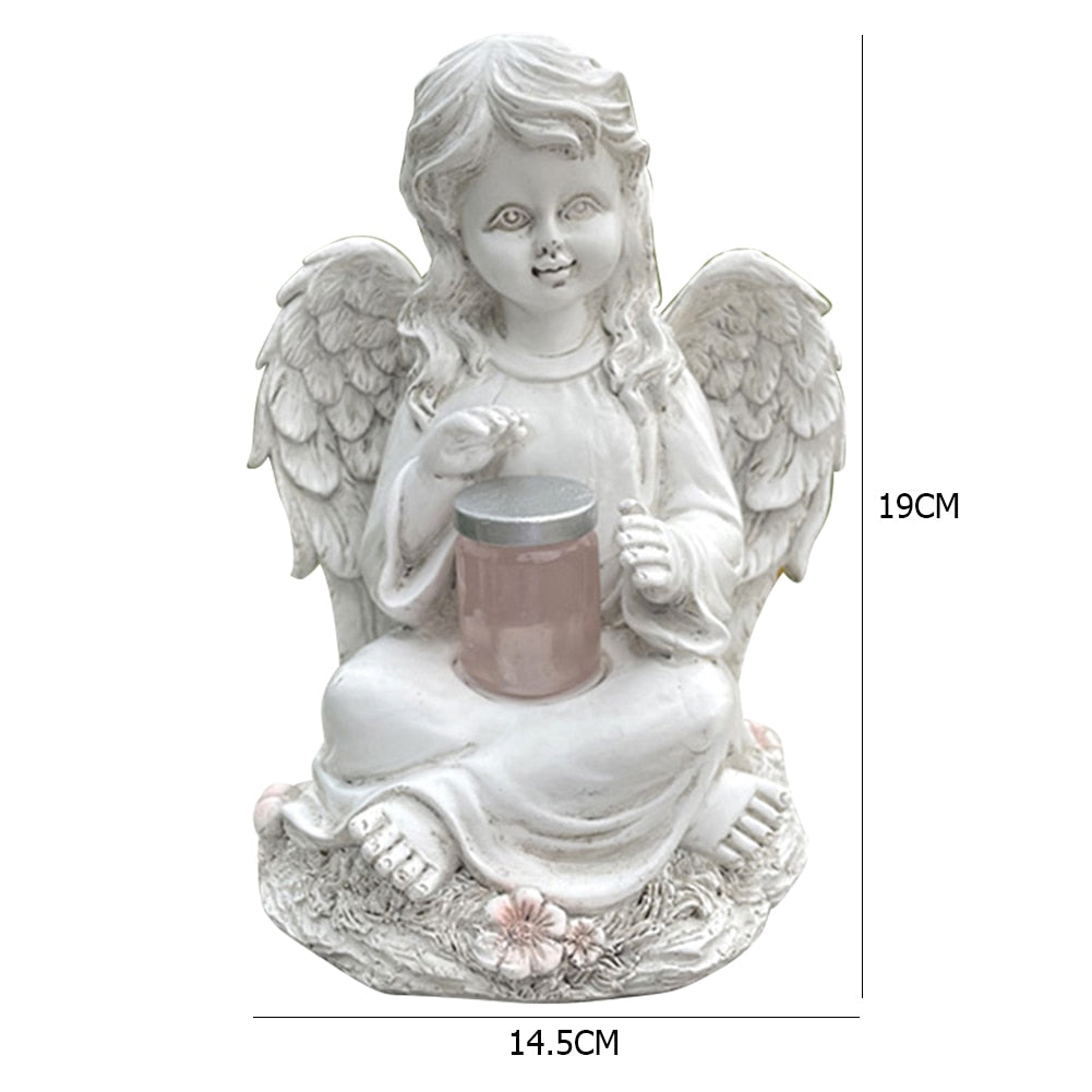 Resin Angel Wings Figurines Garden Ornament Solar Lamp 3D Angel Statue