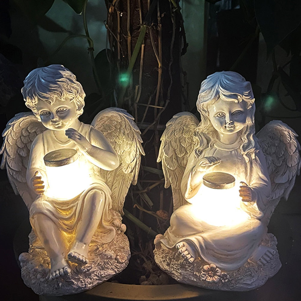 Resin Angel Wings Figurines Garden Ornament Solar Lamp 3D Angel Statue