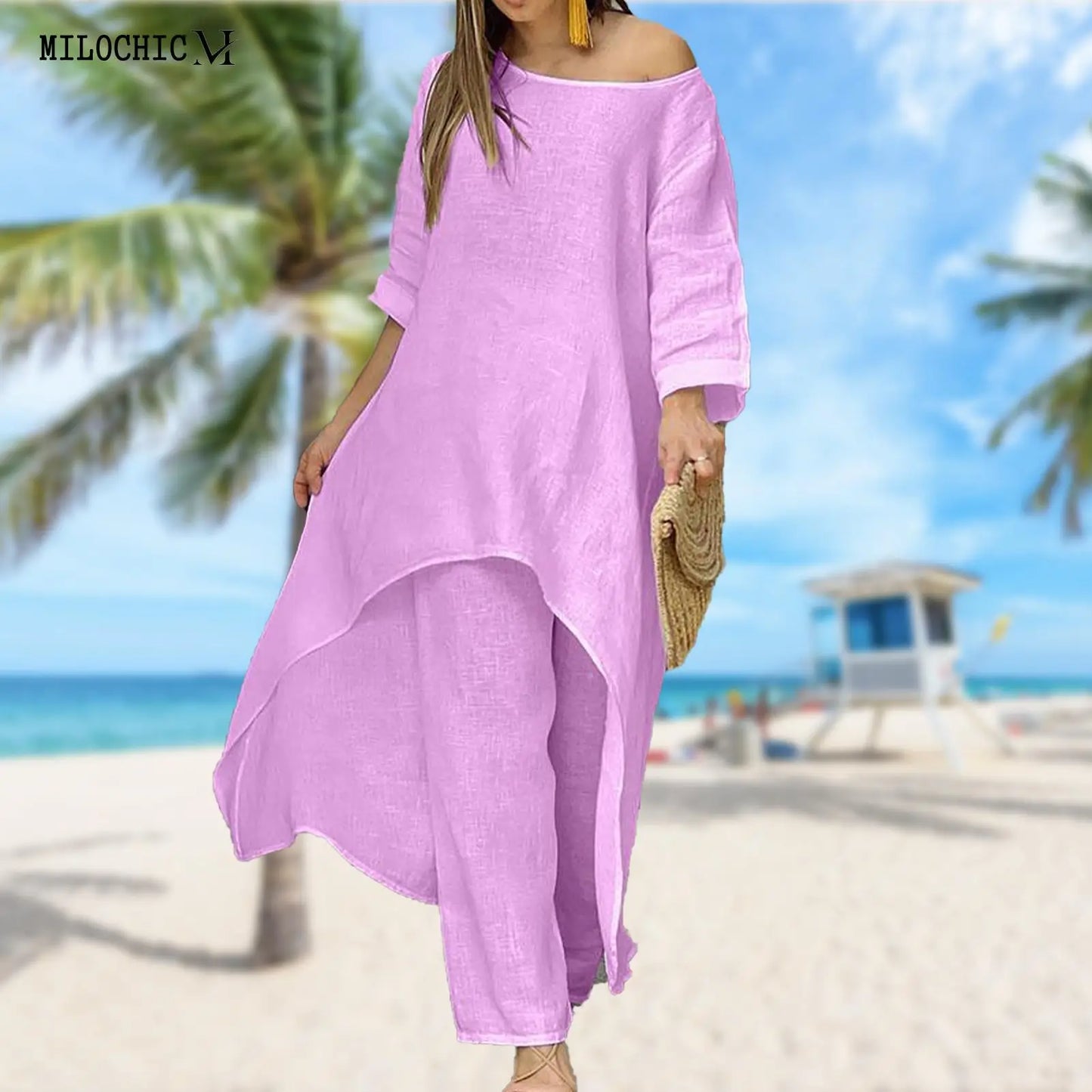 2023 Summer Fashion New Women's Set Split Long Top Casual Wide Leg Pants Two Piece Set Elegant Large Size Loose Fitting Set