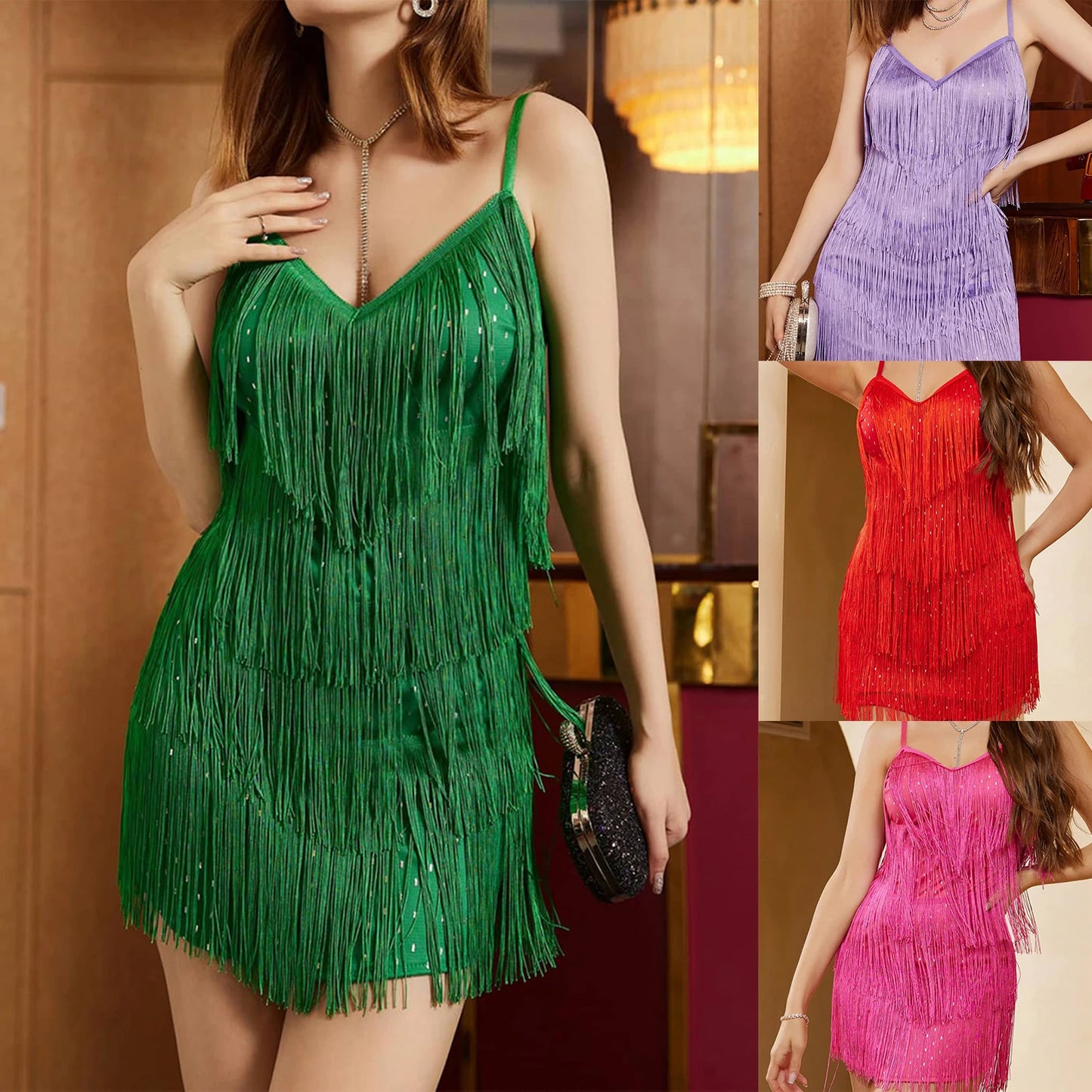 Tassels Sling Bodycon Dress Sleeveless Women Sexy Mini Dress V Neck Elegant Style Off Shoulder Dance Party Clothing