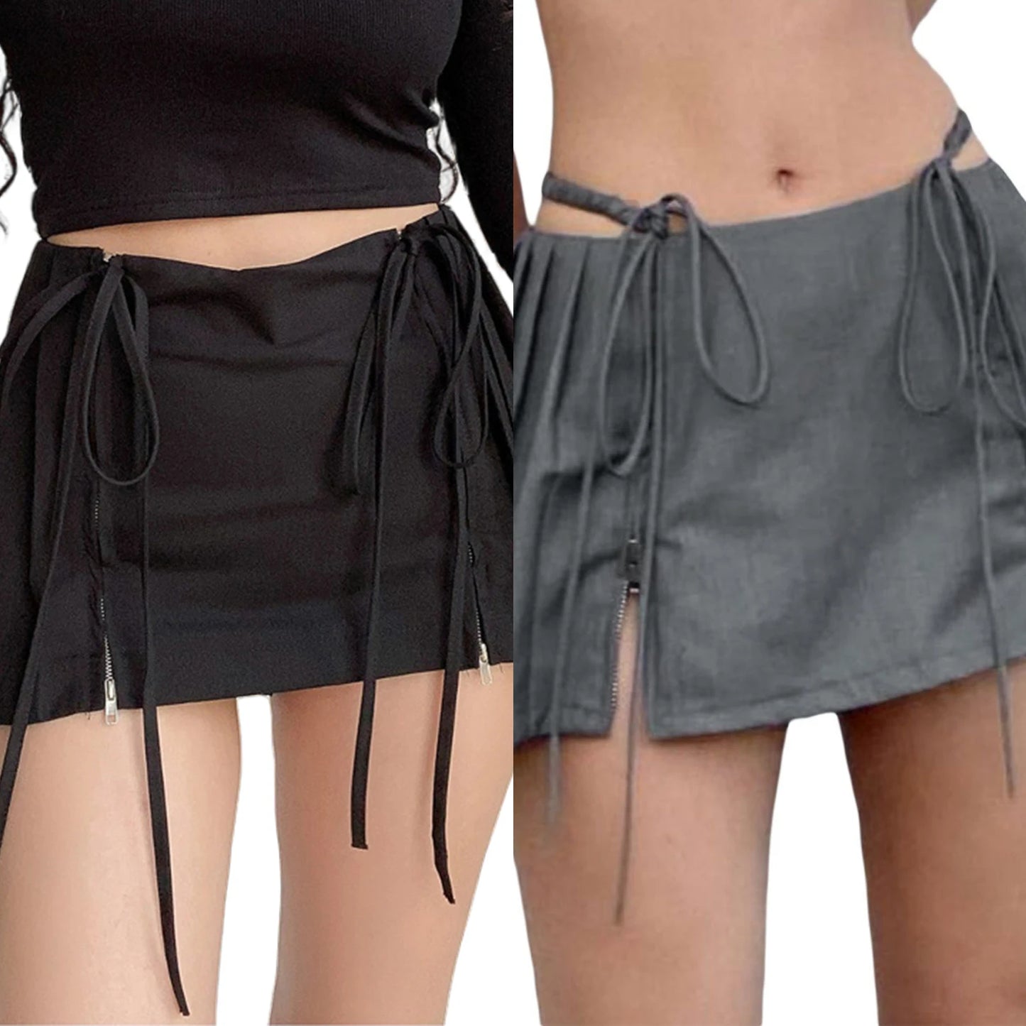 Women Sexy Pleated Skirts Zipper Split Y2K Pleated Mini Skirt Retro Lace Up European Simple Streetwear Girls Half Skirt