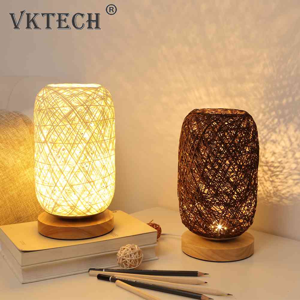 Nordic Wood Rattan Night Light Table Lamp Bedroom