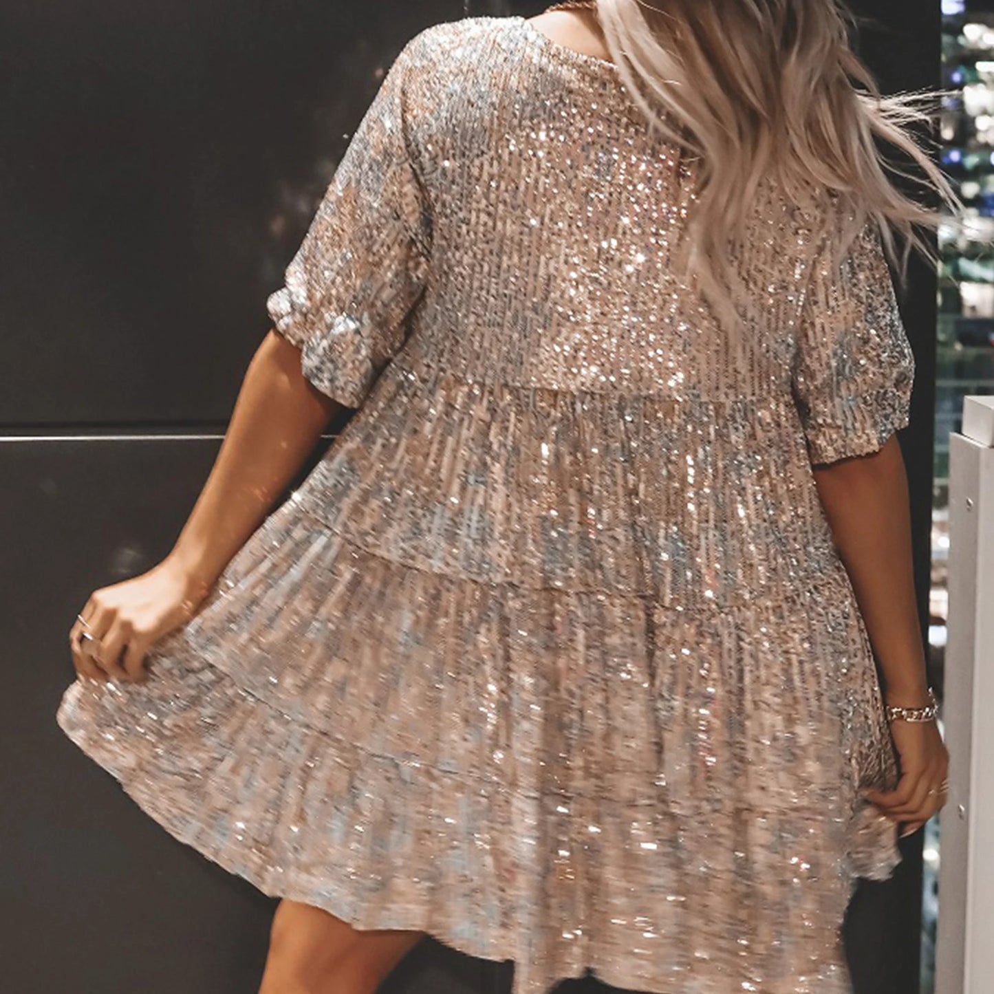 Women Large Swing Dress Fashion Sequins Loose Fit Dress Round Neck Simple Elegant Short Sleeve Sparkly Shiny Party Club Wear