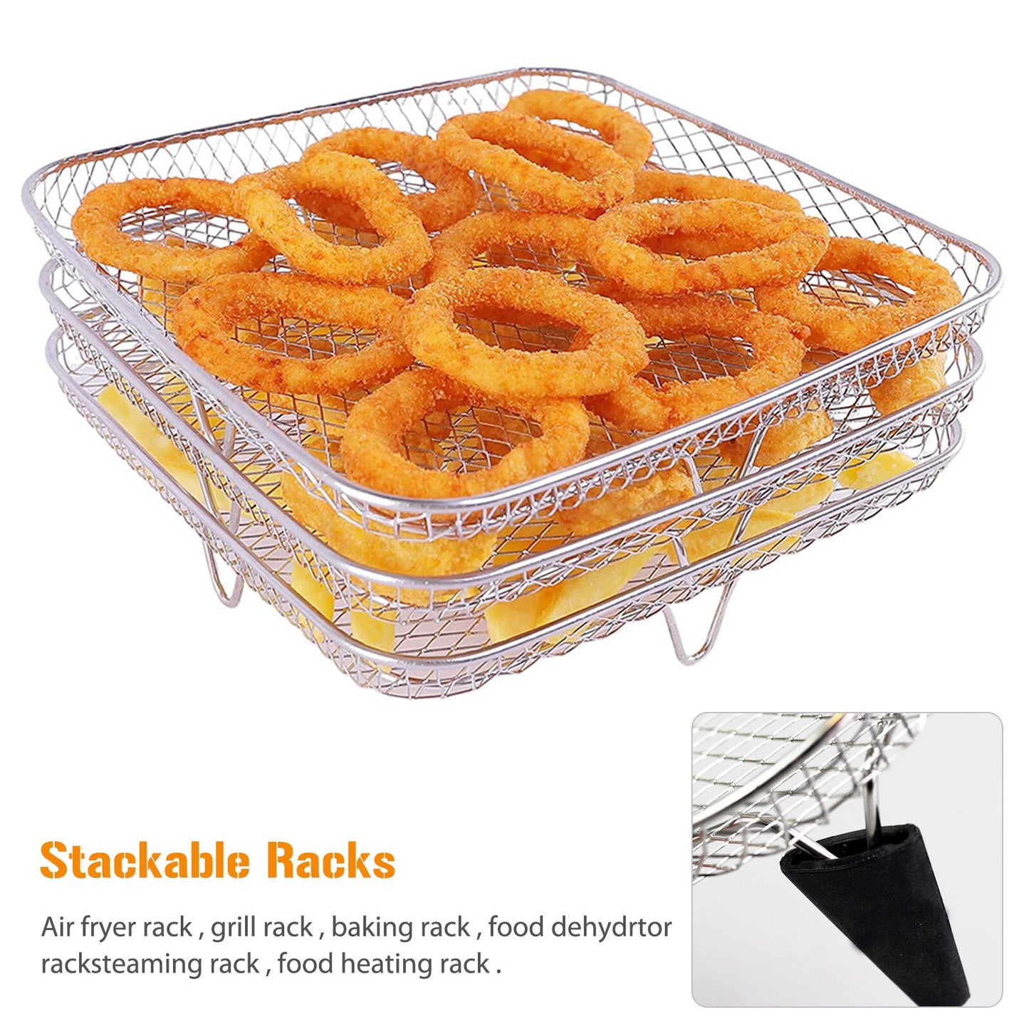 3-Layer Air Fryer Racks Stainless Steel Stackable Steak Grills Holders Easy To Clean with Silicone Foot Pad Kitchen Accessories