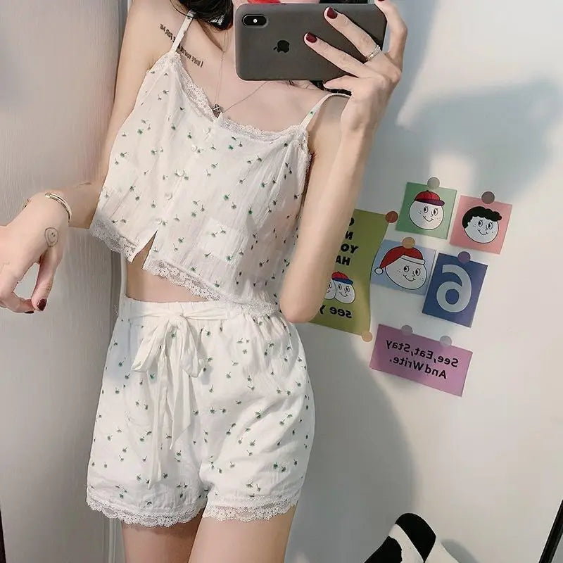 Lace Pajamas Sleepwear Women Floral Print Shorts Two-piece Set