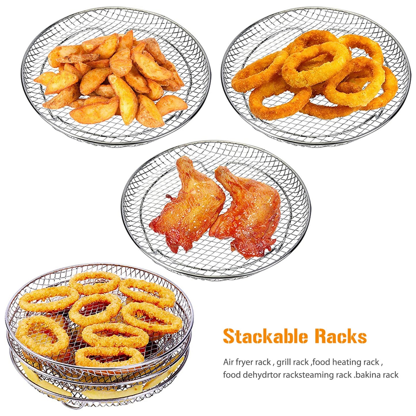 3-Layer Air Fryer Racks Stainless Steel Stackable Steak Grills Holders Easy To Clean with Silicone Foot Pad Kitchen Accessories