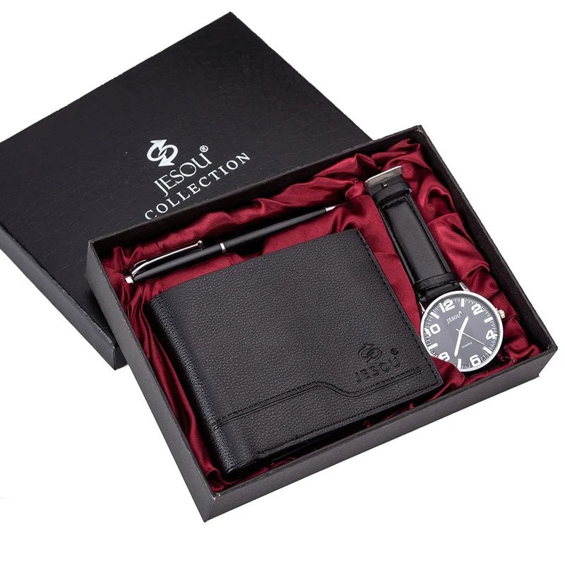 New 3Pcs/Set Luxury Mens Watches Set Gift Box Quartz Watch for Men Fashion Wristwatch Pen Wallet Set  Best Gifts Male