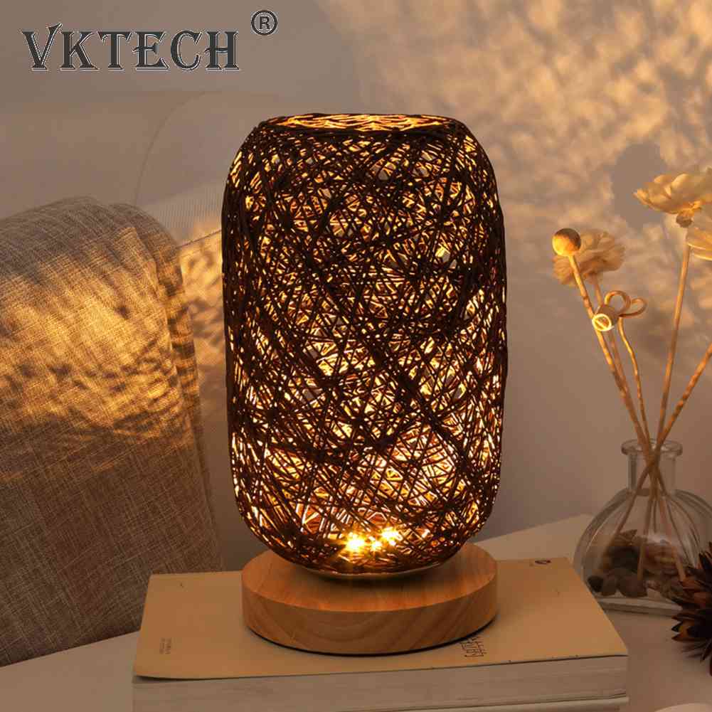 Nordic Wood Rattan Night Light Table Lamp Bedroom