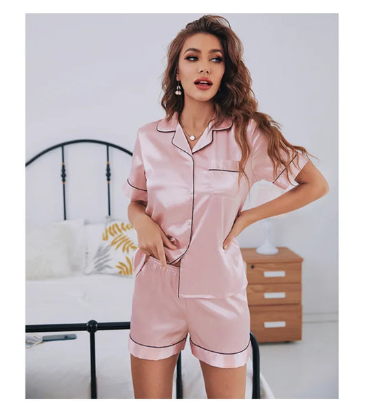 Womens Silk Satin Pajamas Set Short Sleeve