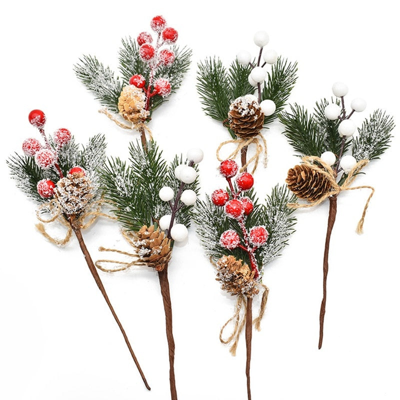 5Pcs Christmas Red Berry Articifial Flower Pine Cone Branch