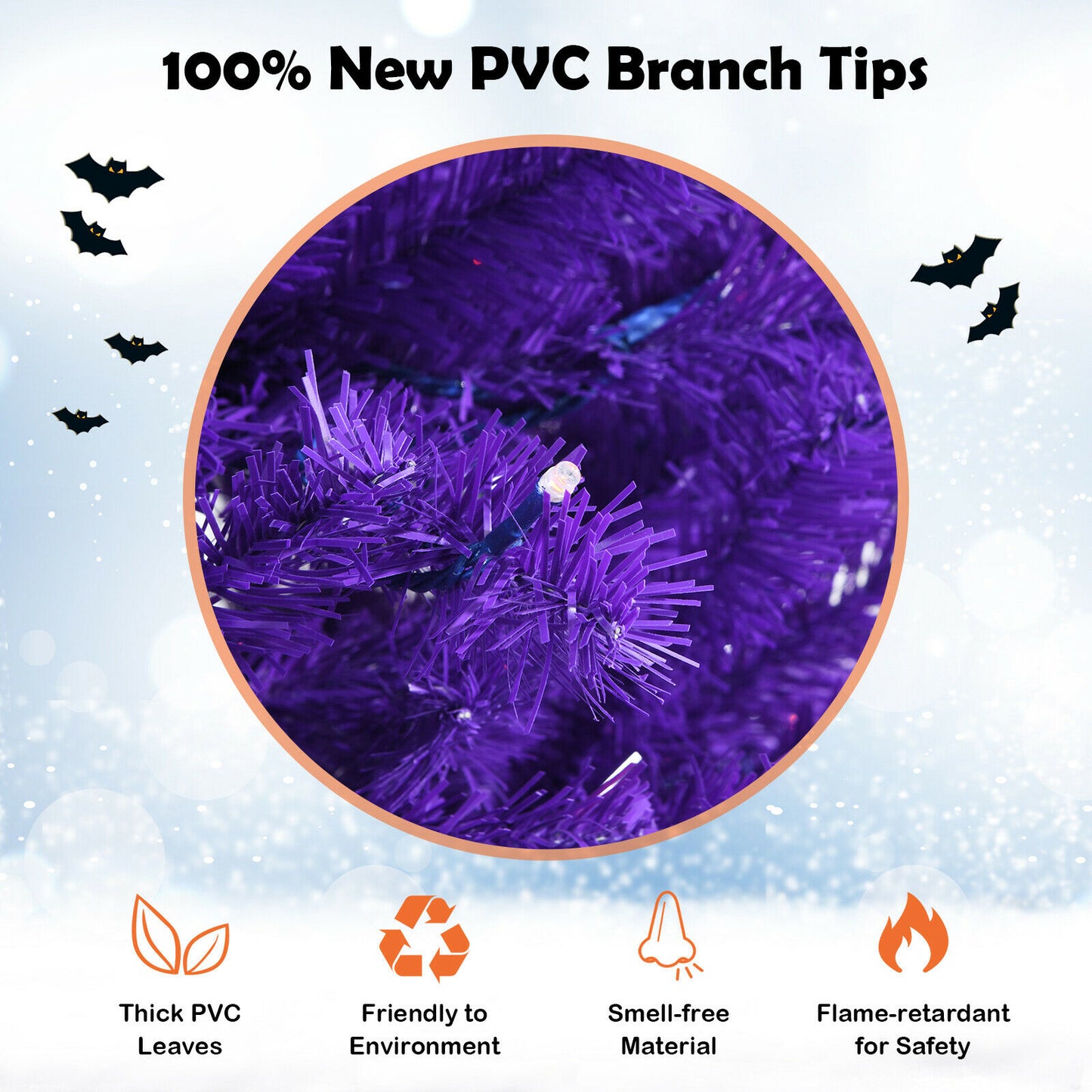 6ft Pre-lit Purple Halloween Christmas Tree w/ Orange Lights Pumpkin Decorations  CM23472US