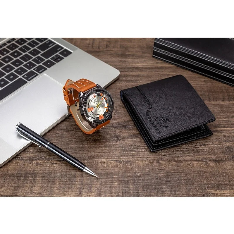 New 3Pcs/Set Luxury Mens Watches Set Gift Box Quartz Watch for Men Fashion Wristwatch Pen Wallet Set  Best Gifts Male