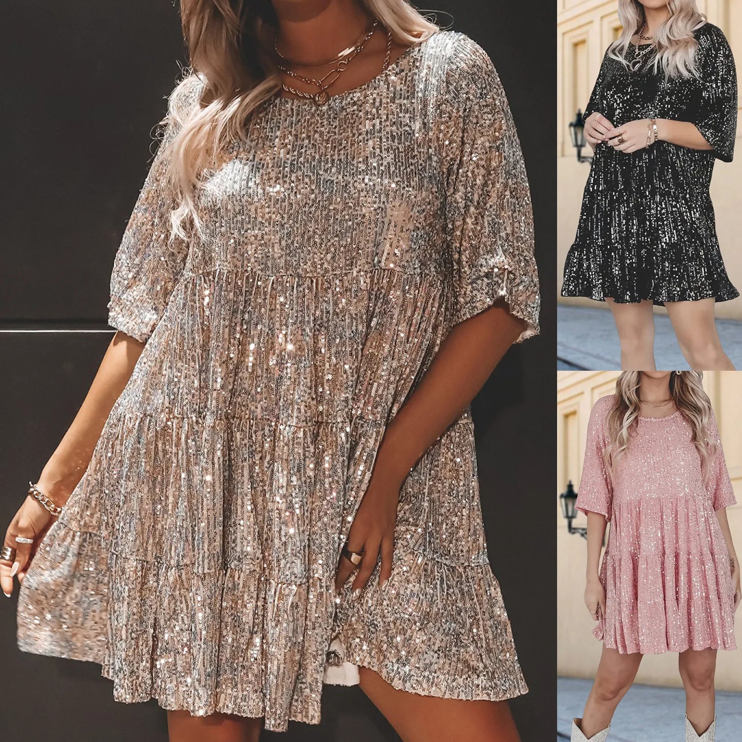 Women Large Swing Dress Fashion Sequins Loose Fit Dress Round Neck Simple Elegant Short Sleeve Sparkly Shiny Party Club Wear