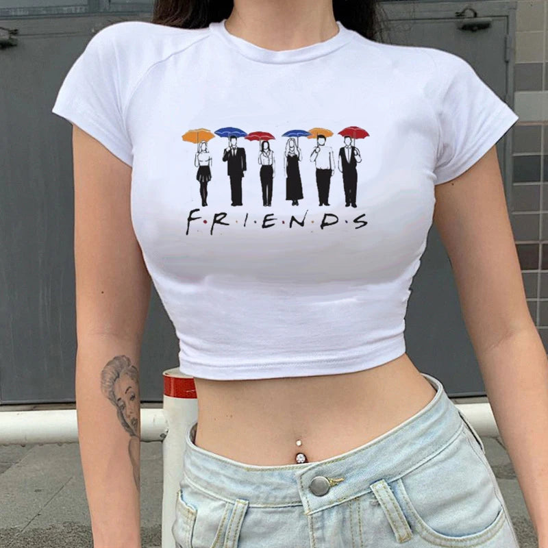 hubery-m Friends Tv Show T Shirt Women Graphic Best Friends Funny Cartoon T-shirt Korean Style Tshirt Vintage Crop Top Female