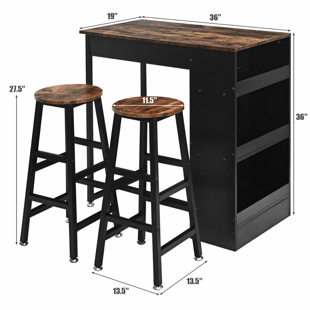 3 Pieces Bar Table Set Industrial Counter Height Dining Table Set with Storage HW64298BN